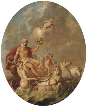 Neptune Rising from the Sea in His Chariot, Holding aloft the Royal Coat-of-Arms, with Attendants Holding Portraits of George III (1738–1820), and Queen Charlotte (1744–1818)