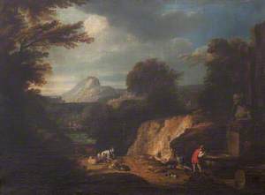 A Wooded Landscape with a Fountain and Travellers