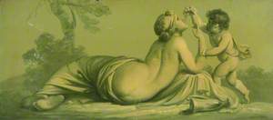 One of a Set of 16 Mythological Panels, Painted in Shades of Green: A Putto Attending a Reclining Female Nude