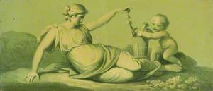 One of a Set of 16 Mythological Panels, Painted in Shades of Green: A Reclining Female, with a Putto and a Garland