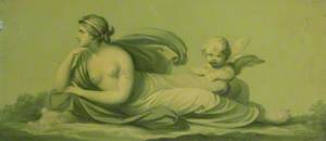 One of a Set of 16 Mythological Panels, Painted in Shades of Green: Venus and Cupid (?)