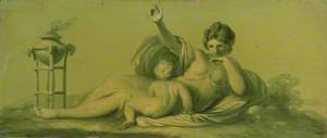 One of a Set of 16 Mythological Panels, Painted in Shades of Green: A Reclining Figure with a Child and a Brazier