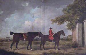Man on Horseback, Leading a Horse, and a Dog