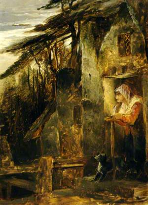 A Woman Standing in the Doorway of a Cottage Talking to an Old Man by a Fence