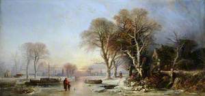 A Winter Landscape at Sunset with Figures on a Frozen River