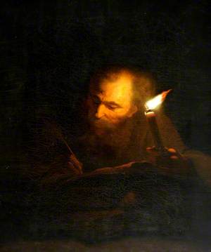 An Old Man Writing a Book by Candlelight