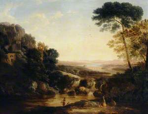 A Romantic River Landscape with a Waterfall