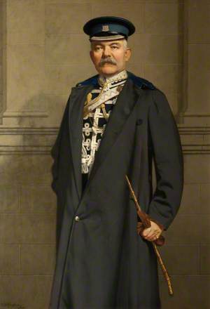 William Henry Armstrong Fitzpatrick Watson-Armstrong (1863–1941), 1st Baron Armstrong of Bamburgh and Cragside, in Forage Cap and Cloak over Northumberland Hussars Mess Dress