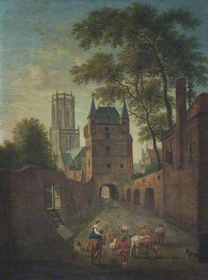 A Street Scene with Gate Tower and Octagonal Church Tower