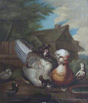 A Hen and Six Chicks before a Cottage