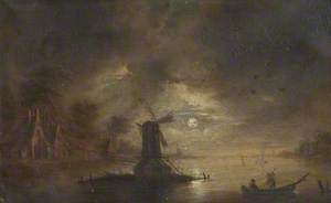 River Scene at Night, with a Windmill