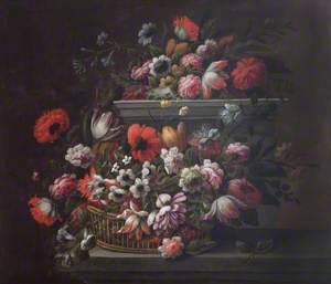 Tulips, Poppies, Roses and Other Flowers in a Basket, and a Porcelain Bowl