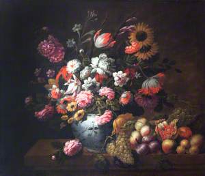Tulips, Roses and Other Flowers in a Porcelain Bowl, and Fruit, on a Ledge