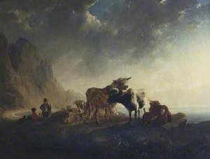 A Coastal Landscape at Sunset, with Cattle and Figures