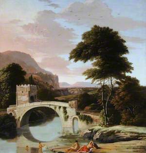 Figures Bathing by a River with a Fortified Bridge