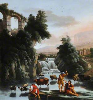 Herdsmen and Cattle by a Waterfall with Classical Ruins behind