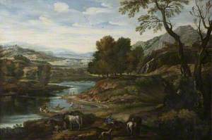 A Hilly River Landscape with Figures and Animals in the Foreground
