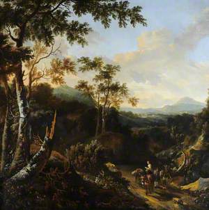 A Wooded Landscape with Peasants and Donkeys on a Path