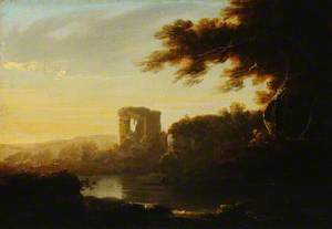 An Italianate Landscape with a Figure Seated by a River and a Ruin beyond