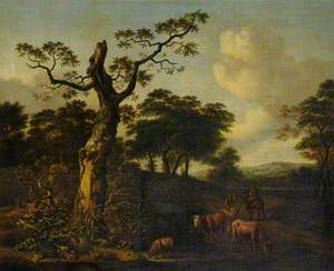Extensive Wooded Landscape with Herdsmen and Cattle on a Road