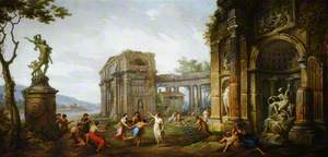 Capriccio of Figures Dancing amongst Classical Ruins, with a Statue of the Rape of Proserpine