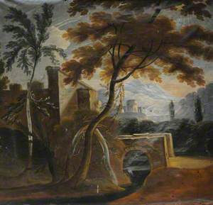 Landscape with a Castle and a Bridge, with a Townscape and Mountains beyond