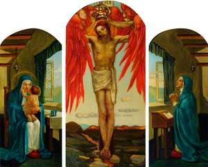 Triptych: Crucifixion with Two Seraphim Angels Crowning Christ (central), Madonna and Child (left), and Madonna in Prayer (right)