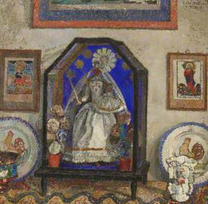 Still Life with an Image of the Madonna in a Glass Case, Faience Plates, and Popular Religious Coloured Prints
