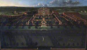 Bird's Eye View of Sudbury Hall: South Front and Its Formal Gardens