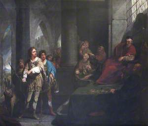 John de Warenne (1231–1304), 6th Earl of Warren and Surrey, Giving his Answer to the King's Justices on the Enforcement of the Statute of Quo Warranto, 1278