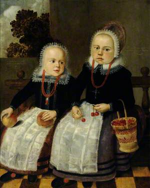 Two Little Dutch Children in Aprons, Holding Apples, Cherries and a Straw Bag