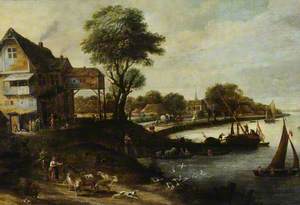 A River Landscape with a Village, Figures and Livestock