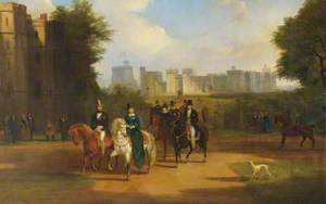 Windsor Castle with Queen Victoria, Prince Albert and Arthur Wellesley, 1st Duke of Wellington, Riding from the Castle