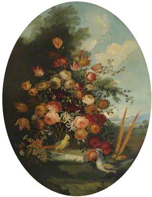 Flowers in a Wicker Basket with a Cockatoo and Pheasant