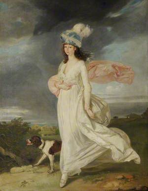 A Windswept Girl in a Turban Walking with a Dog
