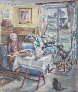 An Interior with Seated Woman and a Dog
