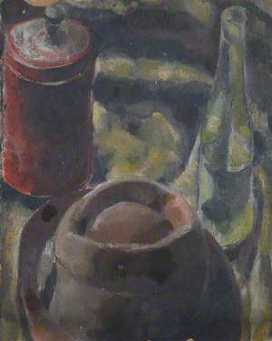 Still Life of a Hat with a Wine Bottle and Canister