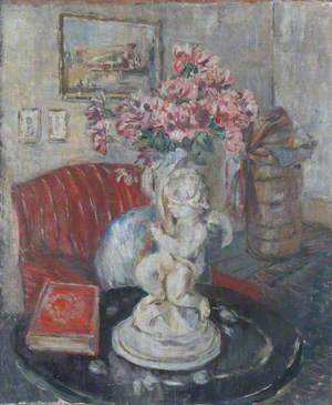 View of a Room with a Statuette of a Cupid Holding Pink Flowers