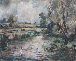 Children Playing in a River in a Country Setting