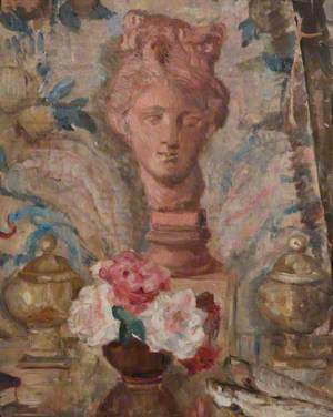 Still Life of a Terracotta Head with a Vase of Flowers and Two Urns