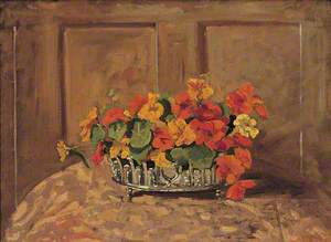 Nasturtiums in a Silver Presentation Bowl, with Panelling