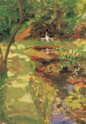 The Lily Pond at Coombe Place, with a Figure Sitting on a Bench
