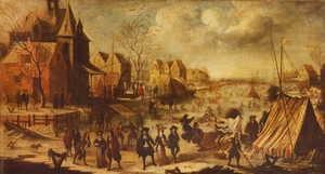 An Imaginary Winter Scene with People Amusing Themselves upon a Frozen River with Tents and a Sleigh