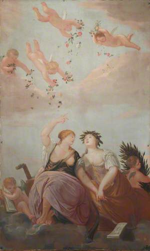 Two Female Figures Representing Musical Harmony, with Cupids Scattering Flowers