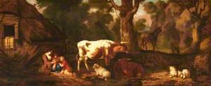 A Mother with Two Children, Two Cows, Sheep, and an Ass, in a Clearing outside a Cottage
