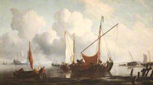 A Calm: A Kaag near the Shore with Other Vessels