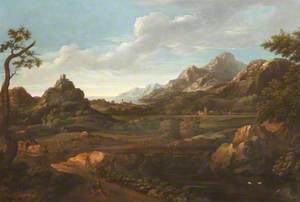 An Extensive Classical Landscape with a Man on a Path and a Coastline beyond