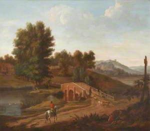 Classical River Landscape with a Stone Bridge and a Distant Castle on a Hill, with a Horseman on a Road