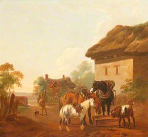 Farmyard Scene with Horses and a Goat by a Trough