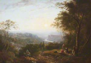 A River Landscape with Two Bridges, a Ruined Abbey, Castle and Boys in a Wood